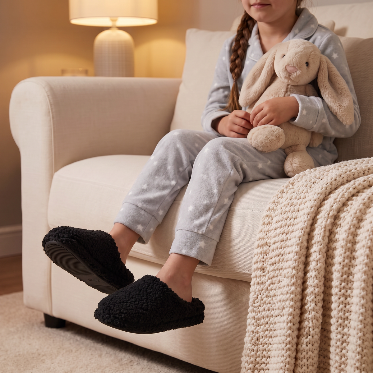 Instap pantoffels kinderen teddy zwart – Apollo – gedragen op de bank