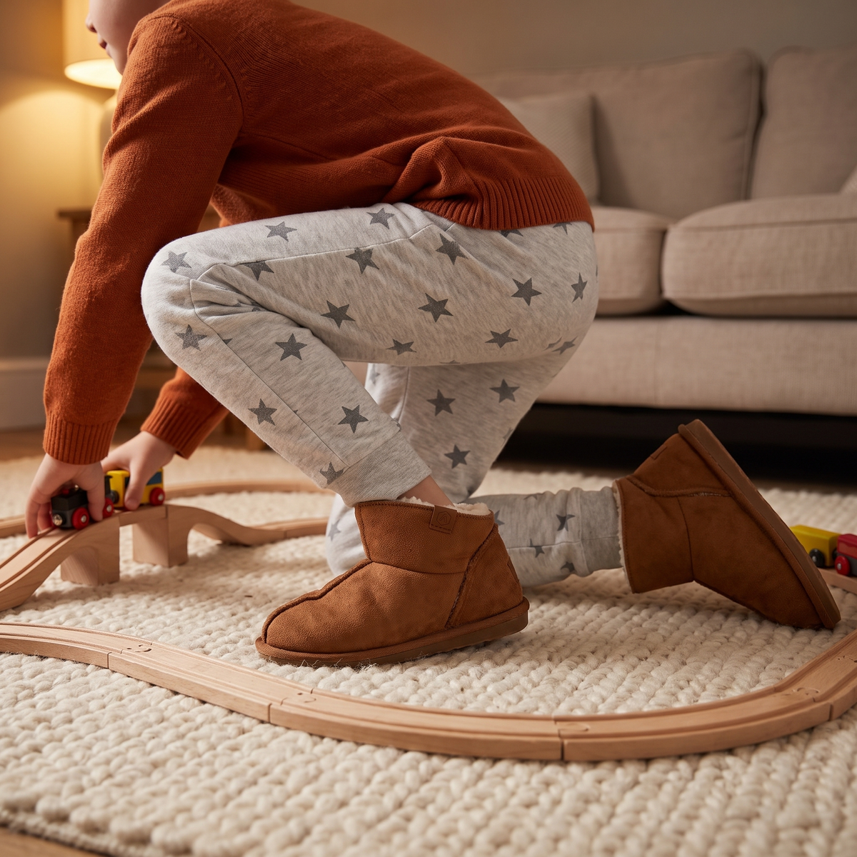 Lage kinder pantoffels suède cognac – Apollo – gedragen tijdens het spelen