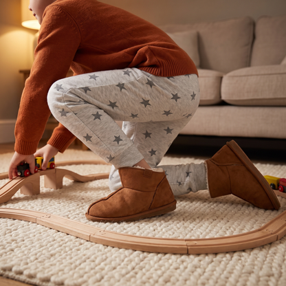 Lage kinder pantoffels suède cognac – Apollo – gedragen tijdens het spelen