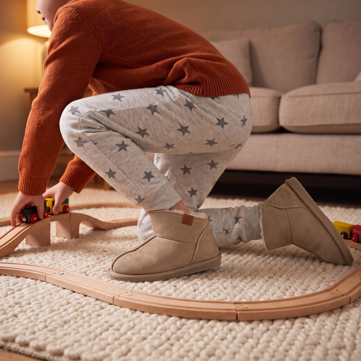 Lage kinder pantoffels suède beige – Apollo – gedragen tijdens het spelen