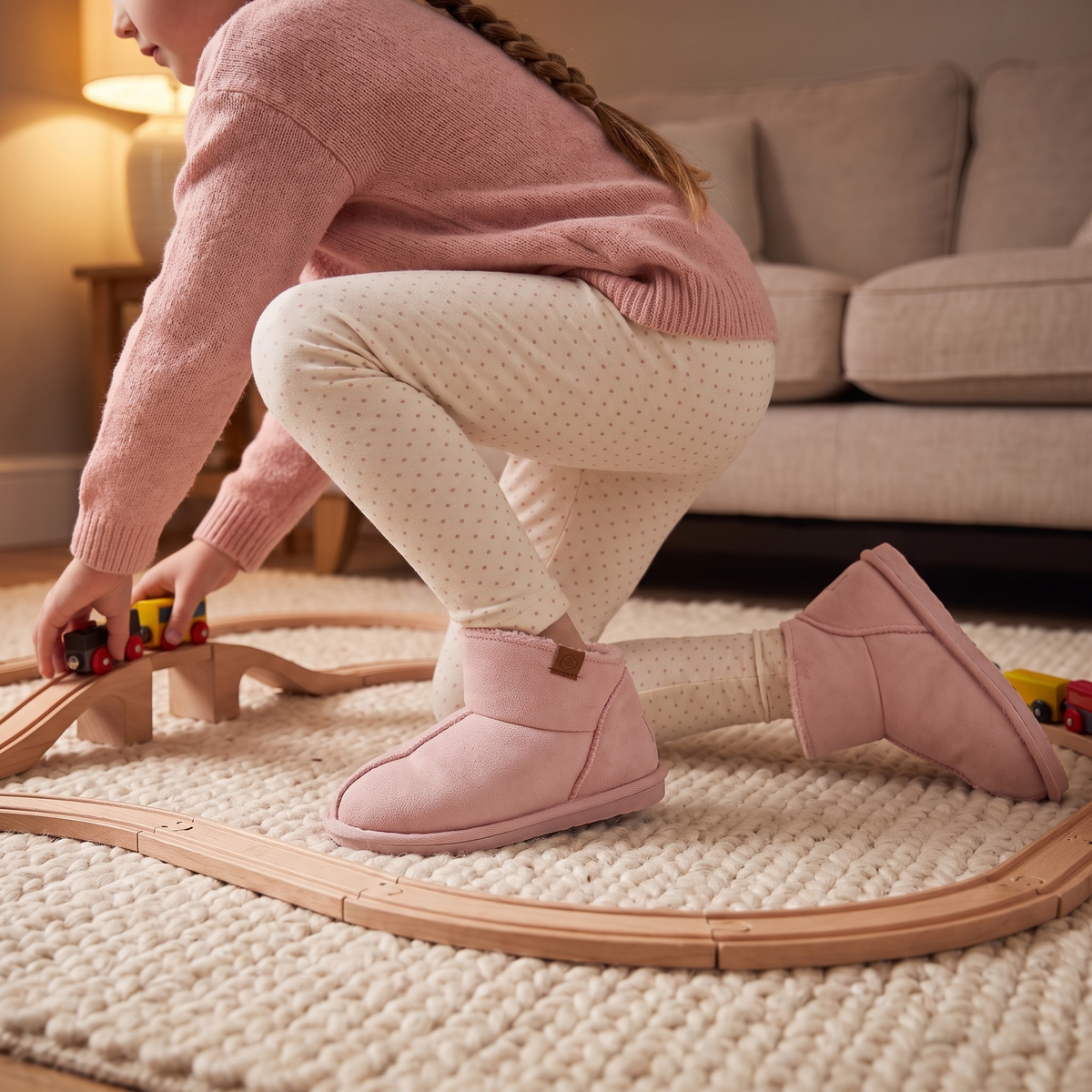 Lage kinder pantoffels suède roze – Apollo – gedragen tijdens het spelen