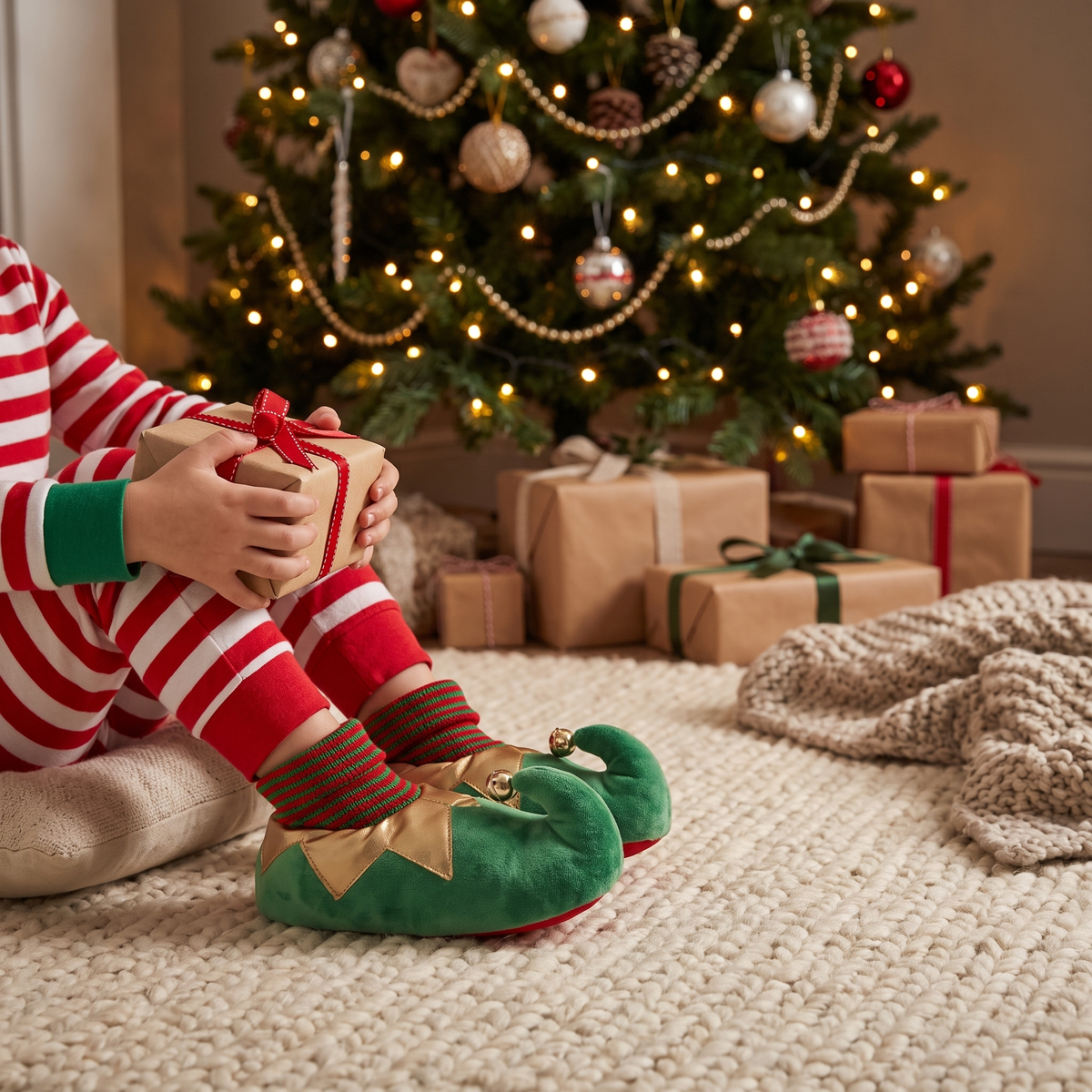 Kerstsloffen kinderen elfthema groen – Apollo – gedragen bij de kerstboom