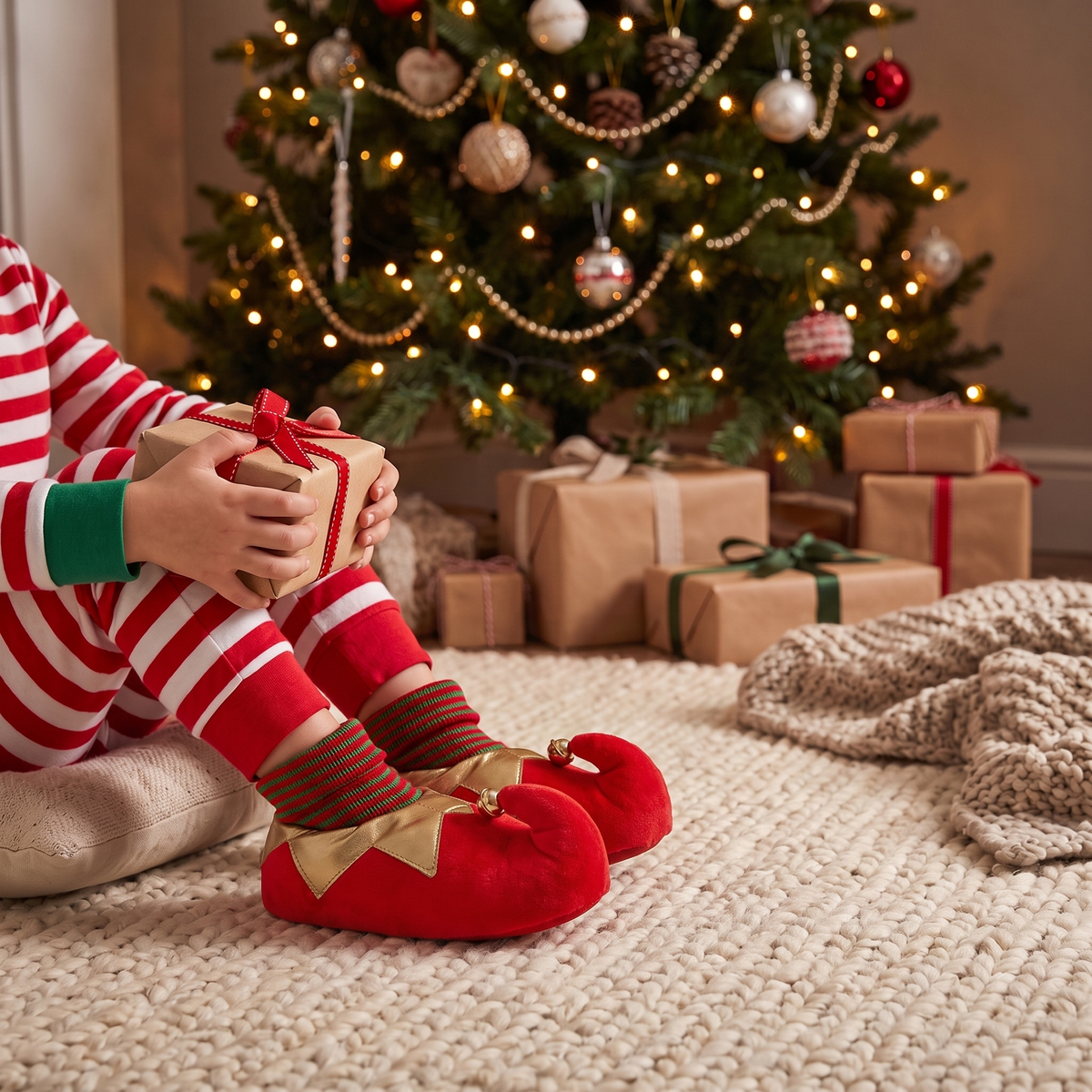 Kerstsloffen kinderen elfthema rood – Apollo – gedragen bij de kerstboom