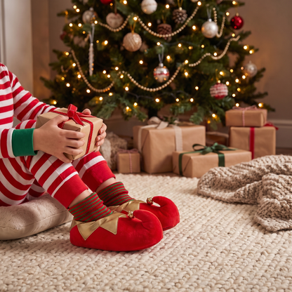 Kerstsloffen kinderen elfthema rood – Apollo – gedragen bij de kerstboom