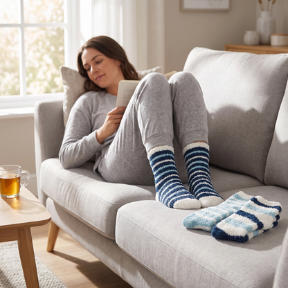Dames bedsokken 3-pak blauw – Apollo – gedragen op de bank