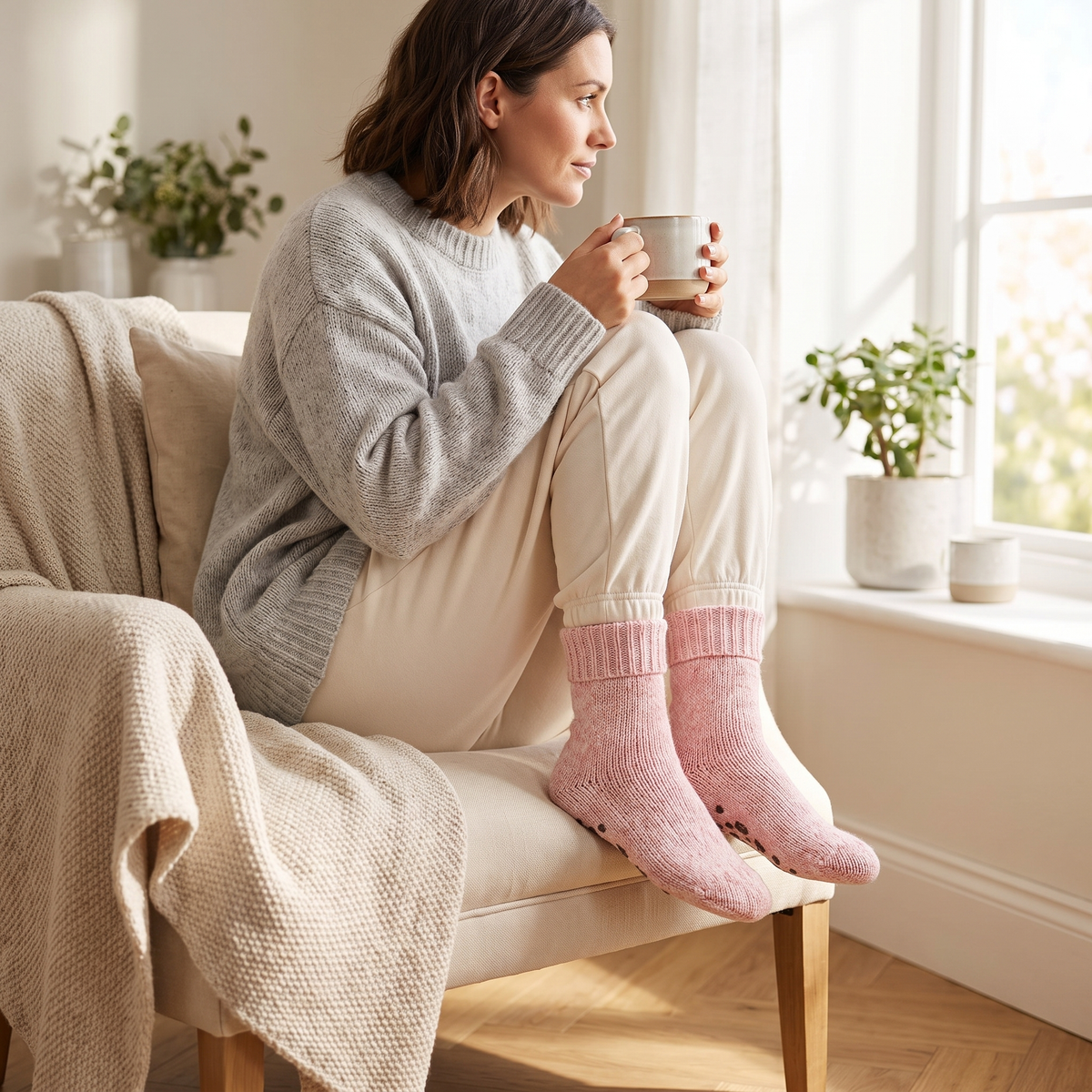 Wollen dames huissokken licht roze antislip – Apollo – gedragen in de stoel