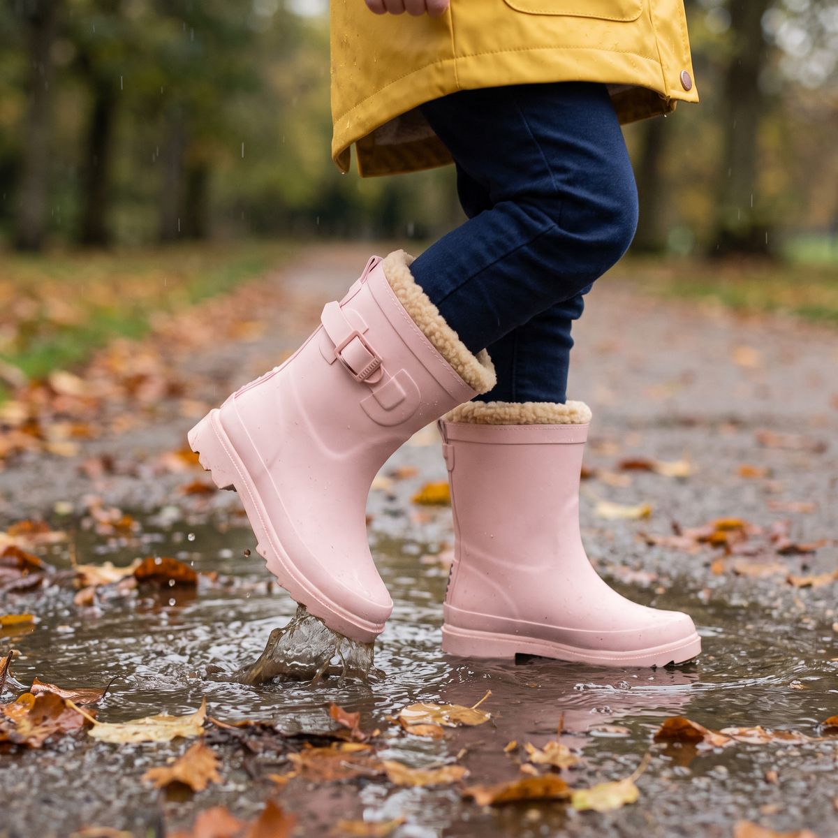 Gevoerde regenlaarzen kinderen roze – XQ Footwear – gedragen in de regen