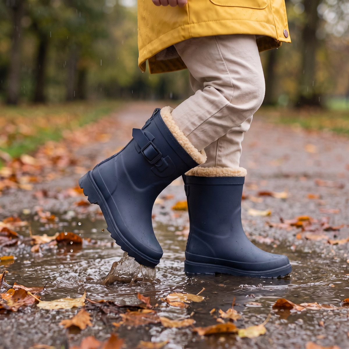 Gevoerde regenlaarzen kinderen navy – XQ Footwear – gedragen in de regen