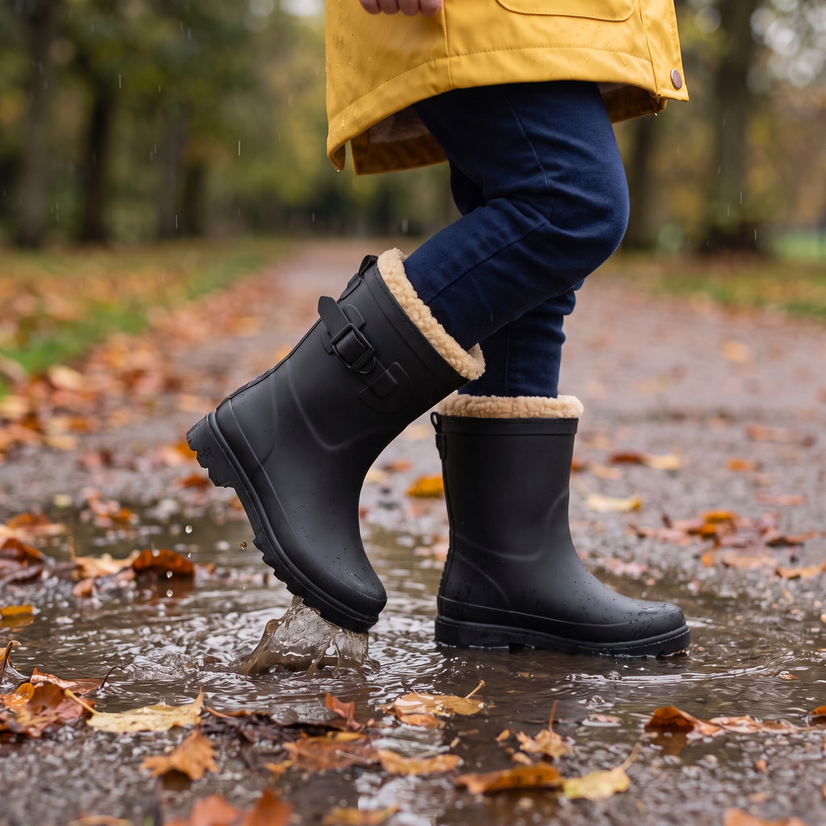 Gevoerde regenlaarzen kinderen zwart – XQ Footwear – gedragen in de regen