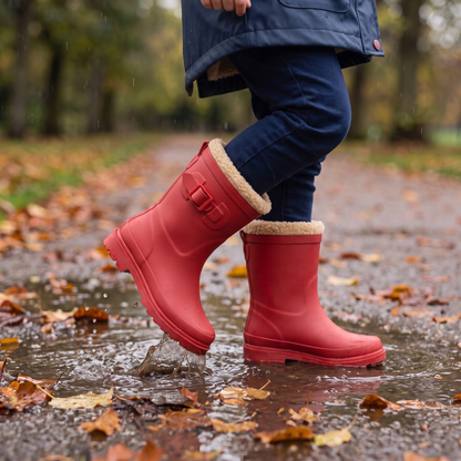 Gevoerde regenlaarzen kinderen rood – XQ Footwear – gedragen in de regen