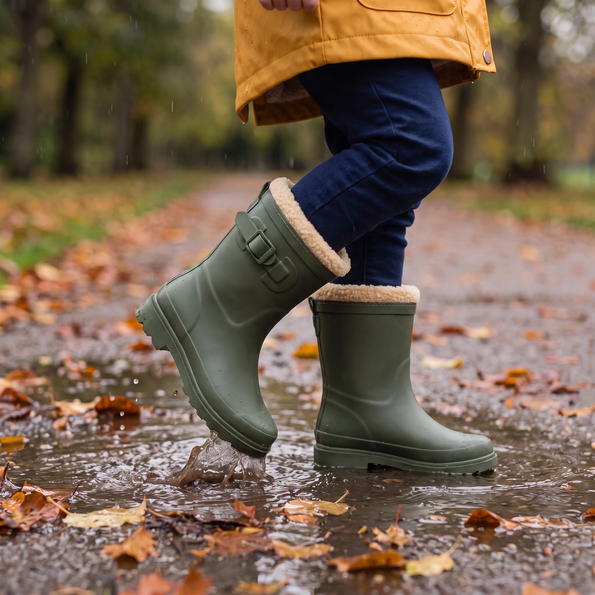 Gevoerde regenlaarzen kinderen groen – XQ Footwear – gedragen in de regen