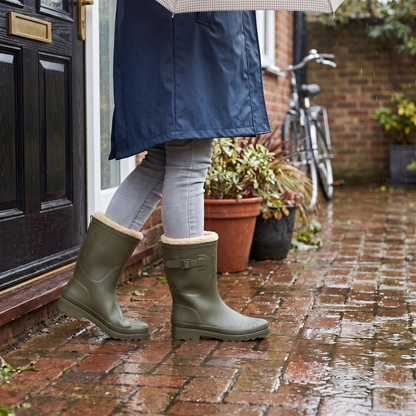 Gevoerde regenlaarzen dames khaki – XQ Footwear – gedragen in de regen