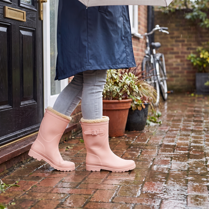 Gevoerde regenlaarzen dames roze – XQ Footwear – gedragen in de regen