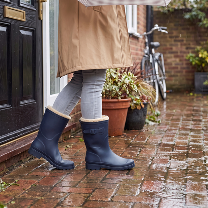 Gevoerde regenlaarzen dames navy – XQ Footwear – gedragen in de regen