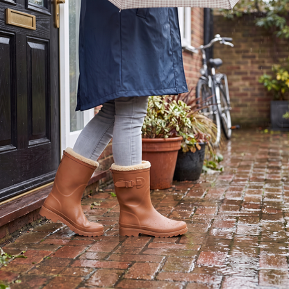 Gevoerde regenlaarzen dames bruin – XQ Footwear – gedragen in de regen