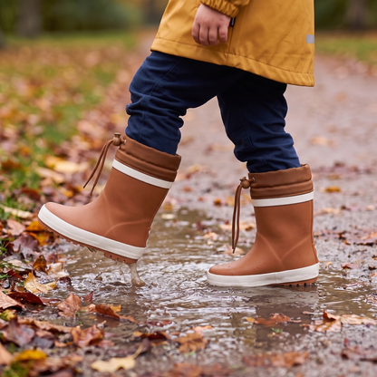 Regenlaarzen kinderen fleece bruin – XQ Footwear – gedragen in de regen
