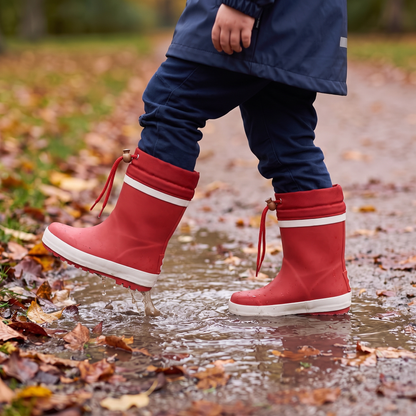 Regenlaarzen kinderen fleece rood – XQ Footwear – gedragen in de regen