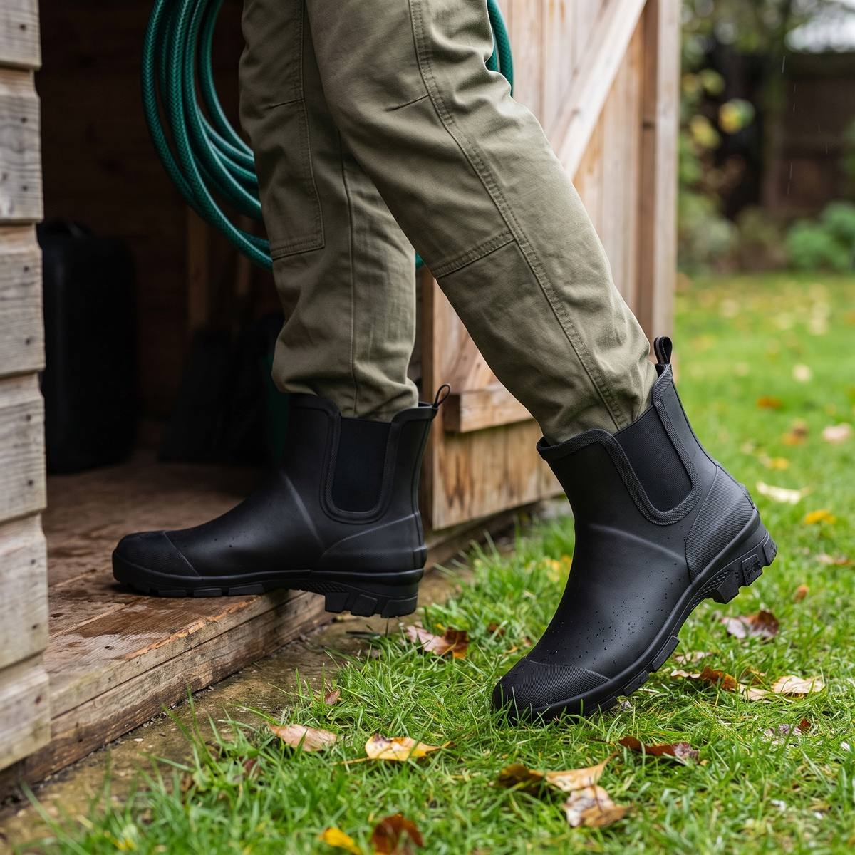 Lage regenlaarzen heren zwart – XQ Footwear – gedragen in de tuin