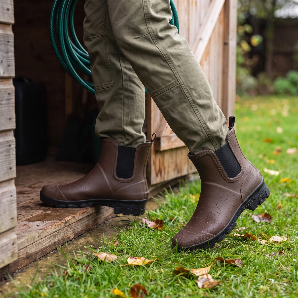 Lage regenlaarzen heren bruin – XQ Footwear – gedragen in de tuin