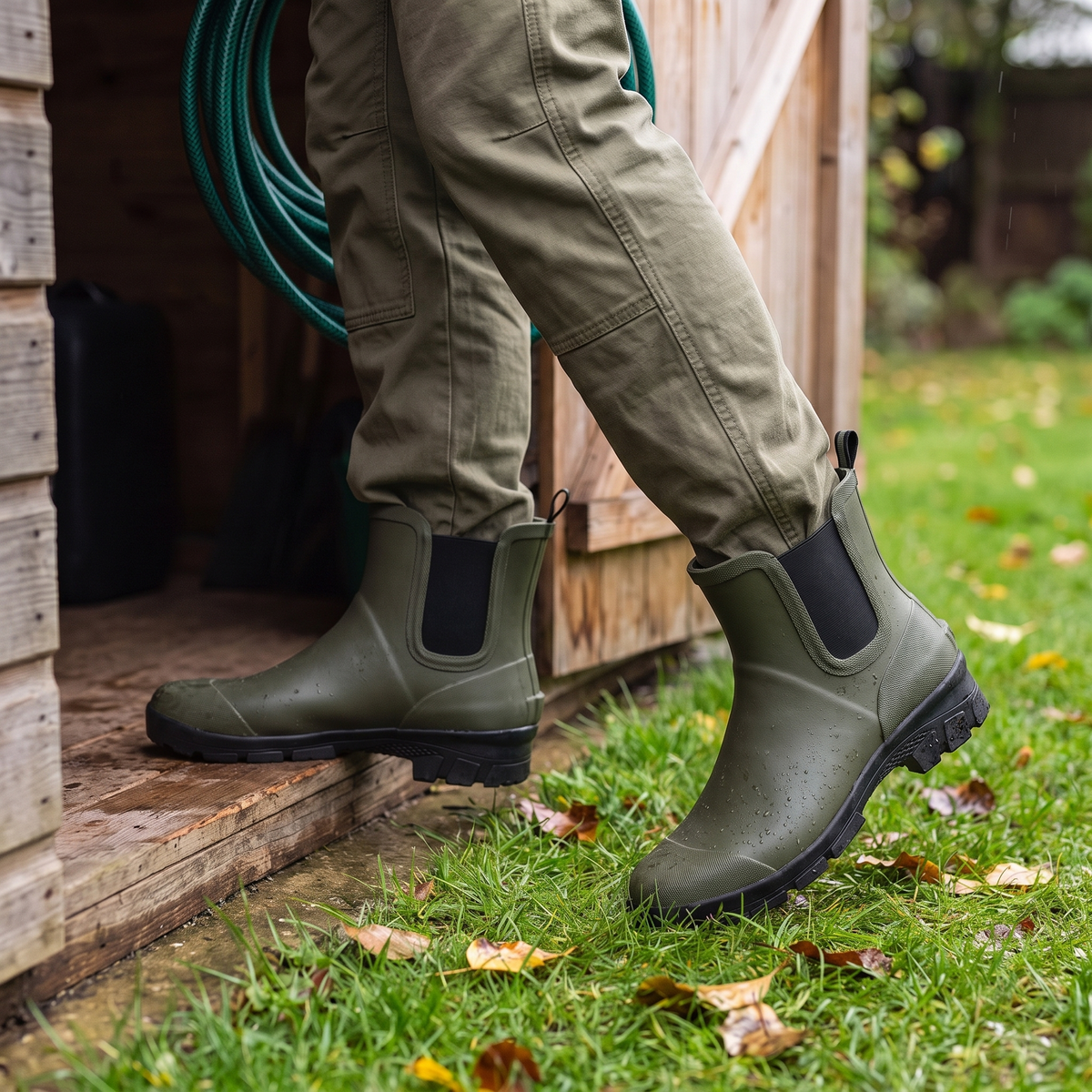 Lage regenlaarzen heren groen – XQ Footwear – gedragen in de tuin