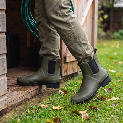Lage regenlaarzen heren groen – XQ Footwear – gedragen in de tuin