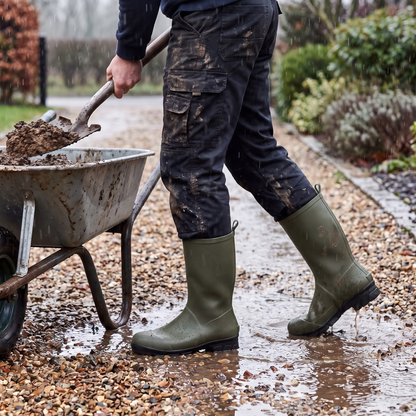 Hoge regenlaarzen heren groen – XQ Footwear – gedragen op nat grind