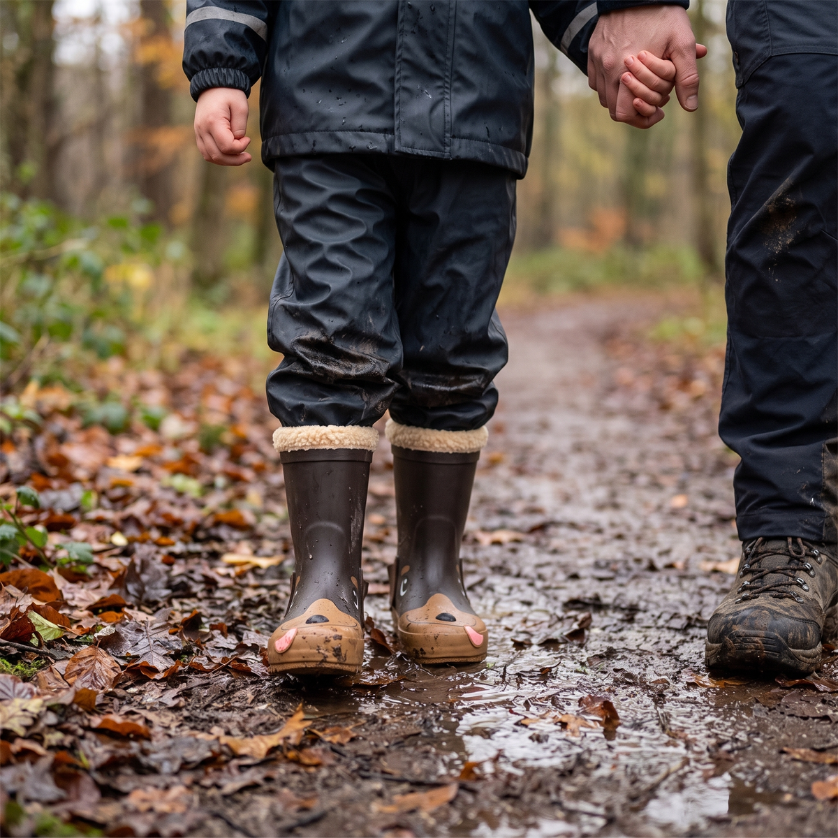 Kind in regenlaarzen kids hondendesign – XQ Footwear – hand in hand over een modderig bospad