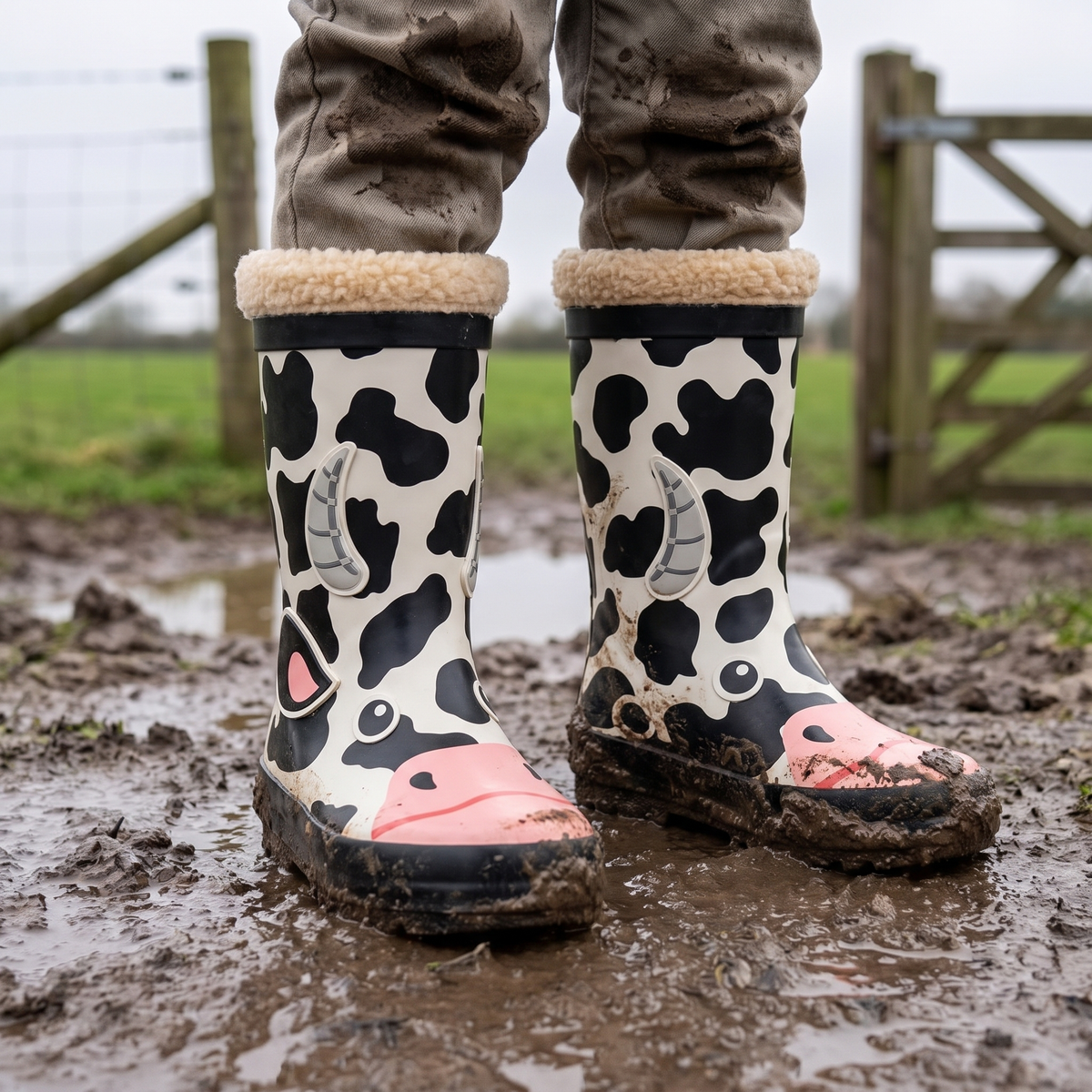 Kind in regenlaarzen kids koeiendesign – XQ Footwear – in een modderig weilandhek