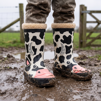 Kind in regenlaarzen kids koeiendesign – XQ Footwear – in een modderig weilandhek