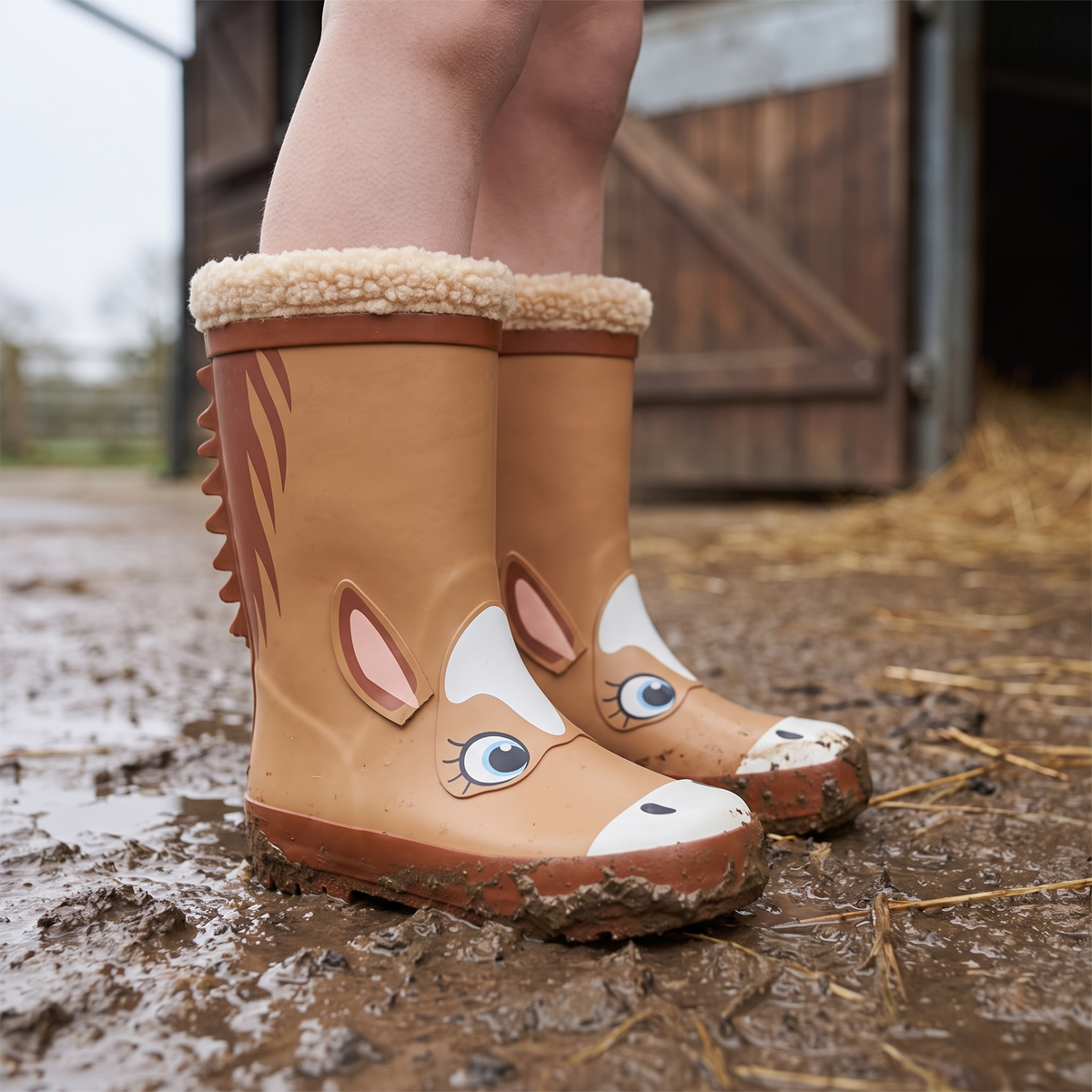 Kind in regenlaarzen kids paardendesign – XQ Footwear – op een modderig erf bij de staldeur