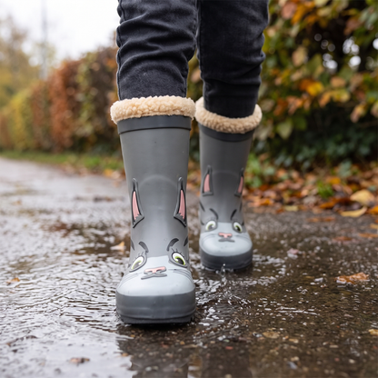 Kind in regenlaarzen kids kattendesign – XQ Footwear – lopend over een natte stoep langs een heg