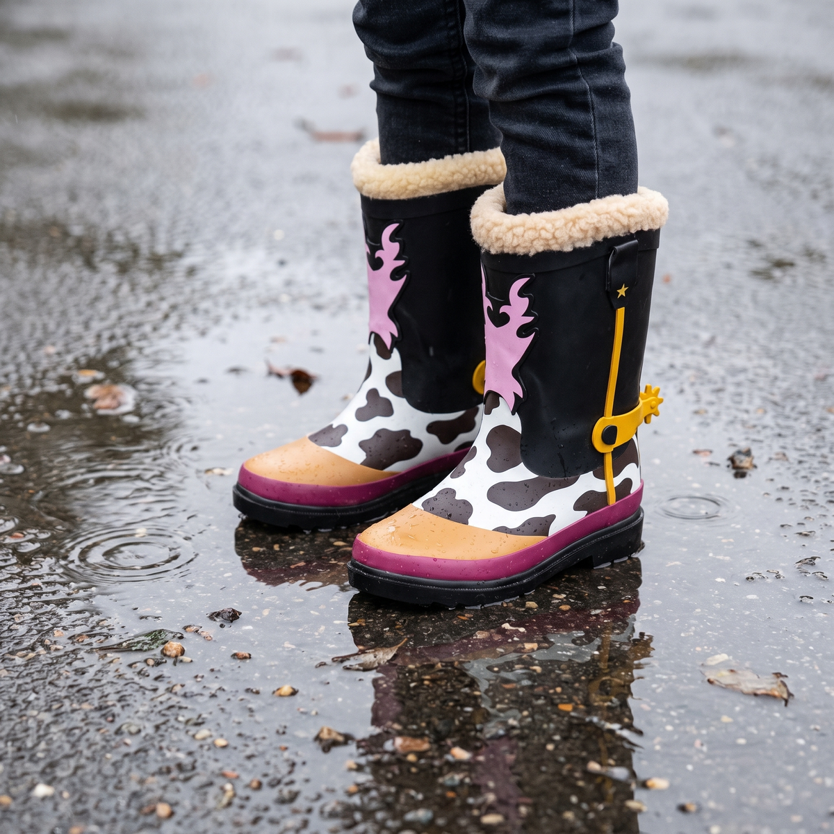 Kind in cowboy regenlaarzen kids multi color – XQ Footwear – op een natte stoep