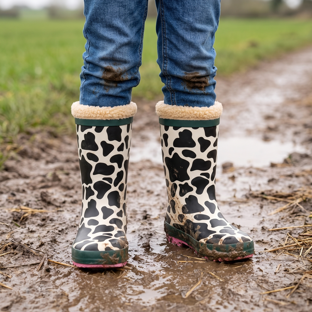 Kind in regenlaarzen kids koeienprint – XQ Footwear – op een modderig boerenpad