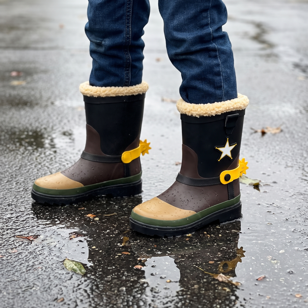 Kind in cowboy regenlaarzen kids multi bruin – XQ Footwear – op een natte stoep