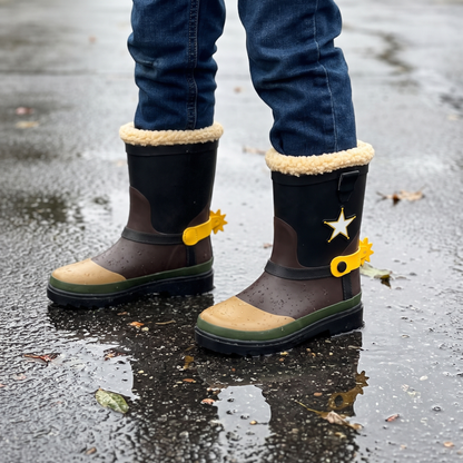Kind in cowboy regenlaarzen kids multi bruin – XQ Footwear – op een natte stoep