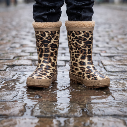 Kind in regenlaarzen kids luipaardprint – XQ Footwear – op natte klinkers
