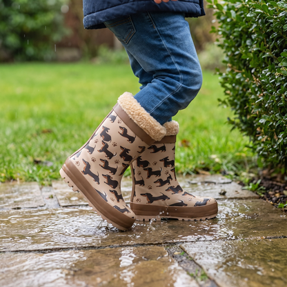 Kind in regenlaarzen kids teckelprint – XQ Footwear – lopend over een nat tuinpad