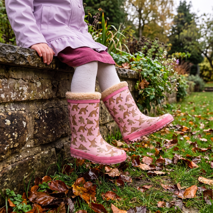 Meisje in regenlaarzen kids hondenprint – XQ Footwear – zittend op een muurtje in een natte tuin