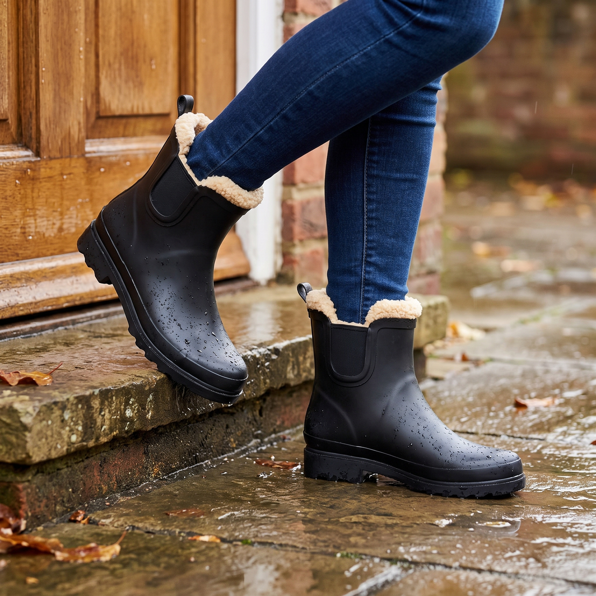 Chelsea regenlaarzen dames zwart – XQ Footwear – gedragen op een natte stoep bij de voordeur