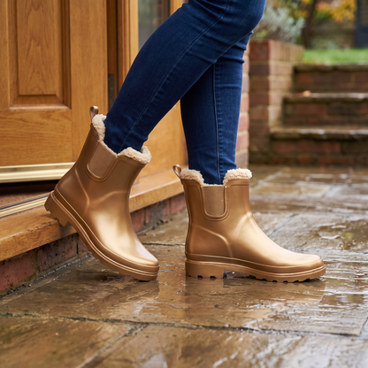 Chelsea regenlaarzen dames gold metallic – XQ Footwear – gedragen op een natte stoep bij de voordeur