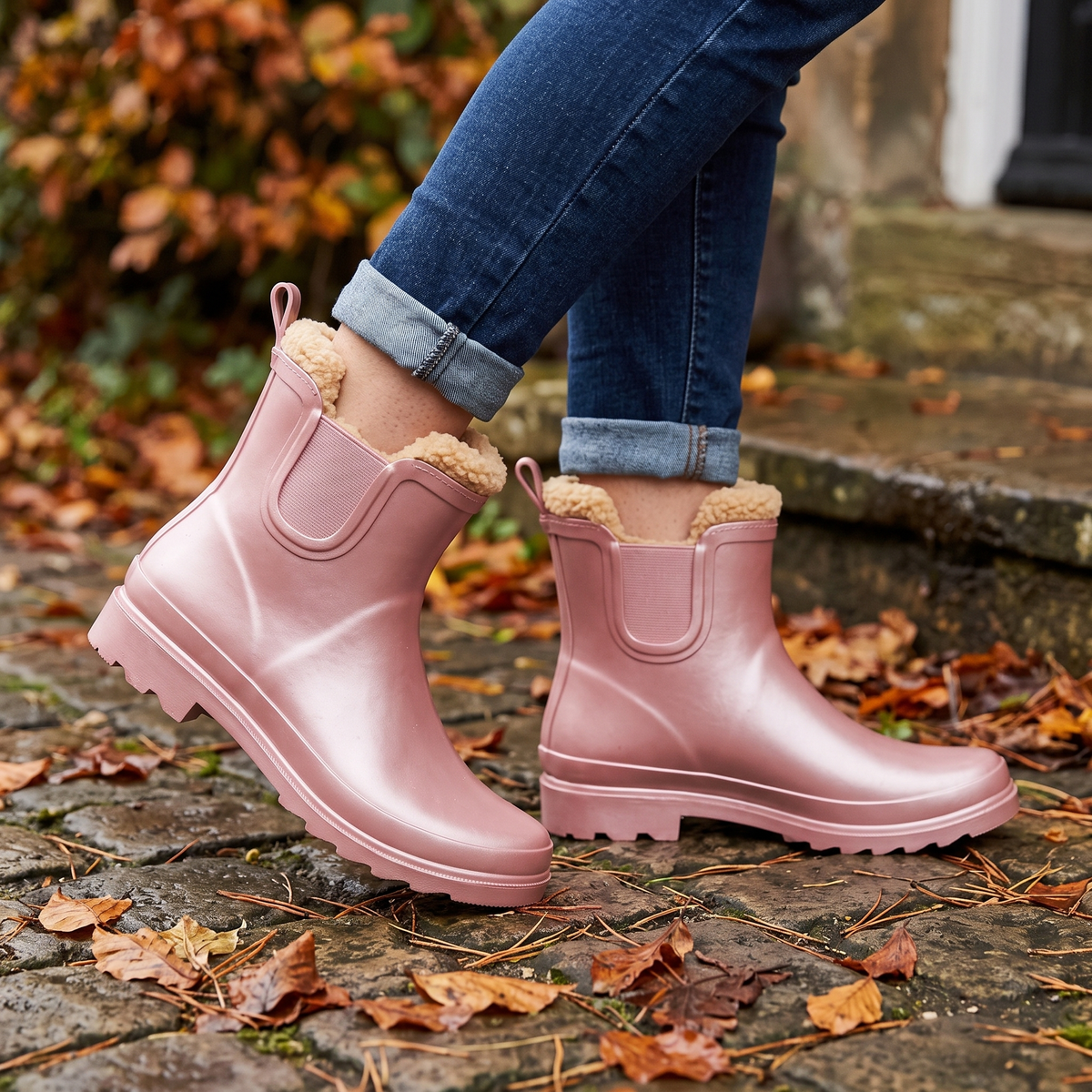 Chelsea regenlaarzen dames roze metallic – XQ Footwear – gedragen op een natte stoep bij de voordeur