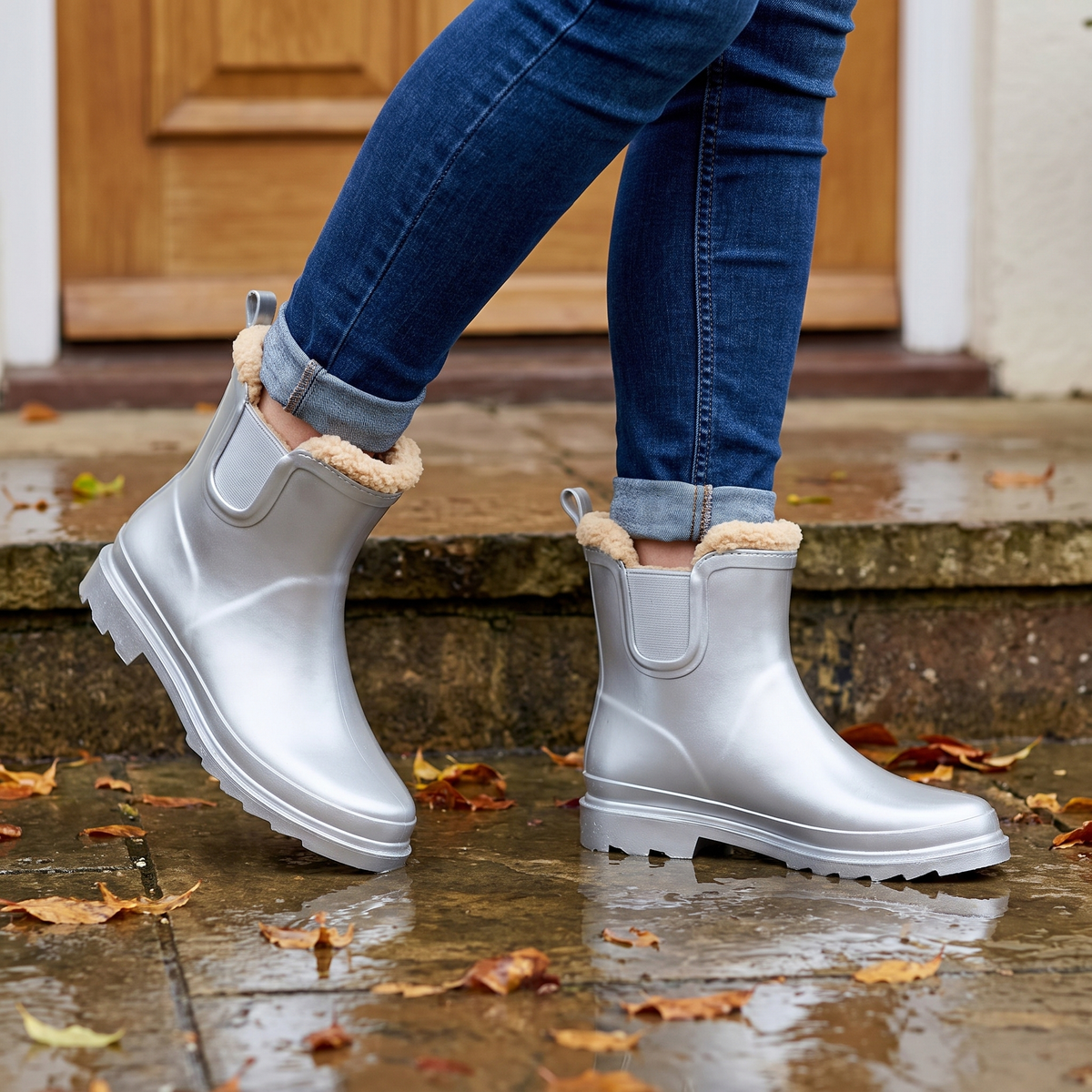 Chelsea regenlaarzen dames zilver metallic – XQ Footwear – gedragen op een natte stoep bij de voordeur